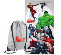 TeddyT's Personalised Embroidered Superhero Team Hulk, Spider Man, & Iron Man Beach Swimming Towel & Sports P.E. Bag (Silver Grey Bag)