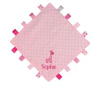 TeddyTs Personalised Giraffe Baby Taggy Ribbon Comforter Blanket (Pink), One Size