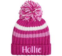 TeddyT's Personalised Girl's Chunky Knit Striped Embroidered Bobble Hat