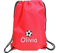 TeddyT's Personalised Girl's Embroidered Football Drawstring Gym Training Bag (Red)