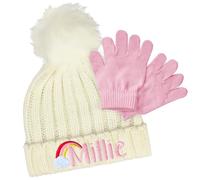 TeddyT's Personalised Girls Rainbow Pom Pom Bobble Hat & Gloves Set (UK, Age, 2 Years, 4 Years, Cream)