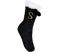 TeddyT's Personalised Glitter Cable Fluffy Embroidered Bed Slipper Socks (Black)
