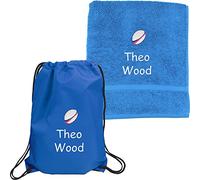 TeddyTs Personalised Name & Rugby Ball Sports PE Drawstring Bag & Towel Set (Blue)