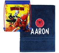TeddyTs Personalised Swimming Towel & MARVEL SpiderMan Drawstring School Gym Bag, Navy, Red, M