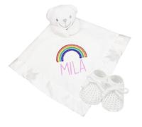 TeddyT's Personalised White Comforter Blanket with Embroidered Rainbow Design and 3D Bear & White Baby Booties (Baby Pink Name)