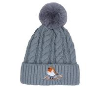 TeddyT's Women's Robin Embroidered Luxury Fleece Lined Bobble Hat (Grey)