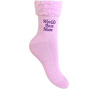 TeddyT's Women's Worlds Best Mum Embroidered Super Soft Thermal Bed Socks (Pink)