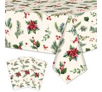 Tedercle 3 Pieces Christmas Greenery Tablecloth - 54x108 Inch Disposable Holiday Plastic Table Cover with Holly, Pine, Berries, and Evergreen Design for Xmas Dinner, Winter Seasonal Table Decorations