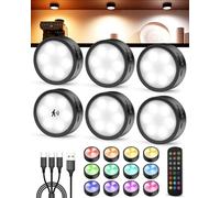 Tedmos Radar Motion Sensor Puck Lights with Remote, Black Dimmable Wireless Under Shelf Lighting Rechargeable Magnetic Stick on Stairs Lights Colour Changing Night Light for Showcase Room Wardrobe