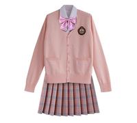 TEDPRBGE Japanese School Costume JK Uniform Costume Pink Knitted Cardigan Sweater Plaid Skirt Bowtie Set Anime Costume (Pink, M)