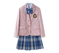 TEDPRBGE Japanese School Uniform Costume Pink Blazer Long Sleeve Suit Jacket JK Plaid Skirt Shirts Uniform for Women (Blue White, 4XL)