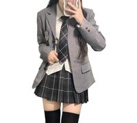 TEDPRBGE Japanese Style JK Uniform Costume Long Sleeve Blazer Gray Plaid Skirt Shirt Set Anime Cosplay Costume for Women (Gray, M)