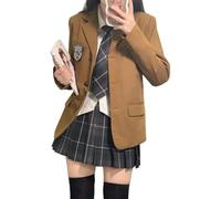 TEDPRBGE Japanese Style JK Uniform Costume Long Sleeve Blazer Gray Plaid Skirt Shirt Set Anime Cosplay Costume for Women (Khaki, M)