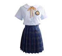 TEDPRBGE Japanese Style School Costume JK Uniform Ombre Navy Blue Plaid Skirt Blue Shirt Bowtie Set for Women (Yellow Bowtie, S)