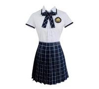 TEDPRBGE Japanese Style School Uniform Costume JK Uniform Plaid Skirt Short Sleeve Shirt Bowtie Set Women Anime Costume (Navy Blue, S)