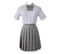 TEDPRBGE JK Uniform Japanese Style Pleated Skirt Short Sleeve Shirt Bowtie Set Anime Cosplay Costume for Women (Grey, 2XL)