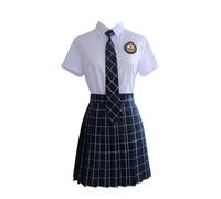TEDPRBGE Women Japanese Style JK Uniform White Short Sleeve Shirt Plaid Skirt Necktie Set Anime Cosplay Costume (Navy Blue, XL)
