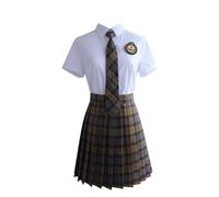 TEDPRBGE Women Japanese Style School Costume JK Uniform White Shirt Plaid Skirt Necktie Set Anime Cosplay Costume (Olive Brown, XL)