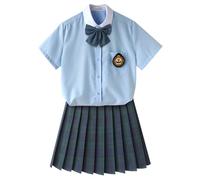TEDPRBGE Women JK School Uniform Japanese Plaid Pleated Skirt Blue Shirt Set Anime Cosplay Costume (Green, 4XL)
