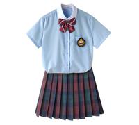 TEDPRBGE Women JK School Uniform Japanese Plaid Pleated Skirt Blue Shirt Set Anime Cosplay Costume (Red Green, 4XL)