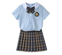 TEDPRBGE Women JK School Uniform Japanese Plaid Pleated Skirt Blue White Shirt Set Anime Cosplay Costume (Olive Brown, 3XL)