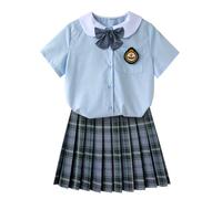 TEDPRBGE Women JK School Uniform Japanese Plaid Pleated Skirt Blue White Shirt Set Anime Cosplay Costume (Grey Green, 4XL)