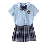 TEDPRBGE Women JK School Uniform Japanese Plaid Pleated Skirt Blue White Shirt Set Anime Cosplay Costume (Grey, M)