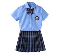 TEDPRBGE Women JK School Uniform Japanese Plaid Pleated Skirt Shirt Set Anime Cosplay Costume (Blue Black, L)
