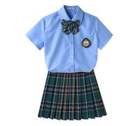 TEDPRBGE Women JK School Uniform Japanese Plaid Pleated Skirt Shirt Set Anime Cosplay Costume (Green Yellow, S)