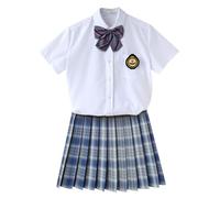 TEDPRBGE Women JK School Uniform Japanese Plaid Pleated Skirt White Shirt Bowtie Emblem Set Anime Cosplay Costume (Blue Green, 3XL)