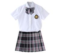 TEDPRBGE Women JK School Uniform Japanese Plaid Pleated Skirt White Shirt Bowtie Emblem Set Anime Cosplay Costume (Ombre Grey, M)