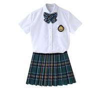 TEDPRBGE Women JK School Uniform Japanese Plaid Pleated Skirt White Shirt Set Anime Cosplay Costume (Green, 3XL)