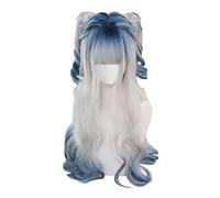 TEDPRBGE Women Long Curly Wig, Deep Blue Gradient Silver White, Heat Resistant, Natural Looking, 25in, 20-21 inches