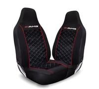 Tee AutoCare Fits Mercedes AMG - A35 A45, C43 C63, E53 E63, S63 S65, CLA35 CLA45 - Quilted Black Front Seat Covers with Logo, Universal Fit, Waterproof, Easy Wash, Durable Stitching (Black) (Red)
