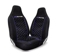 Tee AutoCare Fits Mercedes AMG - A35 A45, C43 C63, E53 E63, S63 S65, CLA35 CLA45 - Quilted Black Front Seat Covers with Logo, Universal Fit, Waterproof, Easy Wash, Durable Stitching (Black) (Blue)