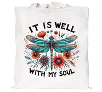 Teeglow Christian Dragonfly Gifts for Women Canvas Tote Bag Aesthetic Bilble Verse Jesus Inspirational Faith Church Shopping Beach It Is Well With My Soul Tote Bag Religious Gifts for Women