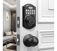 TEEHO TE001K Keyless Entry Door Lock with Handle, Electronic Keypad Deadbolt with 2 Knobs, High-Security Front Door Handle Set for Home & Rental, Smart Auto-Locking, Easy Install, Matte Black