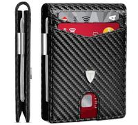 TEEHON Mens Wallets Slim RFID Blocking Carbon Fiber Leather Wallets Mens with up to 12 Credit Card Holder, Strong Money Clip & ID Window Minimalist Bi-Fold Wallets for Men UK with Gift Box - Black