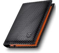 TEEHON Wallets RFID Blocking, Carbon Fiber Leather for Men UK, 12 Credit Card Holders & ID Window & Coin Pocket & 2 Banknote Compartments, Bifold Wallet with Gift Box - Black & Orange