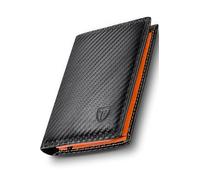 TEEHON Wallets RFID Blocking, Carbon Fiber Leather for Men UK, 12 Credit Card Holders & ID Window & Coin Pocket & 2 Banknote Compartments, Bifold Wallet with Gift Box - Black & Orange