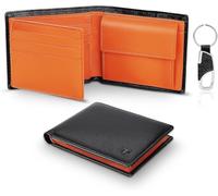 TEEHON® Wallets Mens Slim RFID Blocking Genuine Leather with Coin Pocket & Key Holder, 2 Banknote Compartments, 10 Credit Card Holders (ID Window), Wallet for Men with Gift Box-Black and Orange