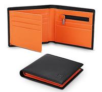 TEEHON® Wallets Slim Genuine Leather RFID Blocking Wallet with 11 Card Holder, 2 banknote compartments, Coin Pocket, Minimalist Wallets for Men UK with Gift Box - Black and Orange