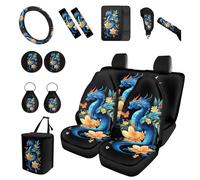 teeinprint Blue Dragon Car Seat Covers Full Set with Steering Wheel Cover+Headrest Covers+Auto Gear Shift Knob Cover+Handbrake Cover+Cup Coasters+Trash Can