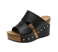 TEELONG Women Boho Solid Colors Two Bands Sandals with Studded Decor Casual Wedges Shoes Thick Bottom Slipper Open Toe Breathable Summer Beach Sandals Wooden Wedges Slides Shoes（Black，5.5UK）