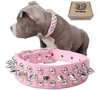 TEEMERRYCA Adjustable Leather Spiked Studded Dog Collars with a Squeak Ball Gift for Small Medium Large Pets Like Cats/Pit Bull/Bulldog/Pugs/Husky, Pink, L(15"-18.5")