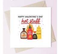 TEEMI-Funny Valentine’s Day Card for Boyfriend or Girlfriend - “Hot Stuff” Cute Sauce Bottle Pun - 5x5 Premium Blank Greeting Card with Envelope - Cute Food Pun, Anniversary or Romantic Gift