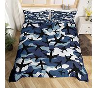 Teen Aircraft Bedding Set Camouflage Airplane Duvet Cover for Kids Boys Girls Army Helicopter Comforter Cover Blue Black Bedding & Linen with 2 Pillowcases 3Pcs Bedding King