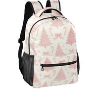 Teen Backpack Modern Style Peach Skin Lining Adjustable Shoulder Straps for | Aesthetic Preppy Blush Bows Candy Canes Christmas Tree Bow
