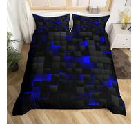Teen Boy Geometric Bedding Set King Black Navy Royal Blue Kids Comforter Cover For Boys Men,Neon Abstract Stereoscopic Check Grid Duvet Cover Square Plaid Bed Set 3D Modern Room Decor