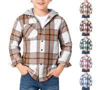 Teen Boys Girls Checked Flannel Hooded Shirts Plaid Button Down Jacket Casual Classic Tartan Roll Up Cowboy Shirt Kids Baggy Soft Comfort Preppy School Uniform Top (b-Brown, 3-4 Years)